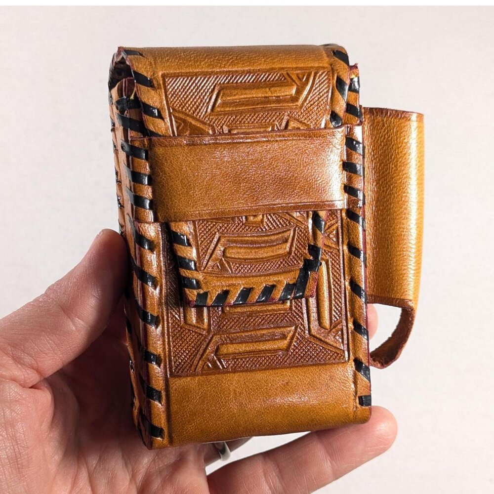 Brown Leather Aztec Calendar cigarette + lighter sleeve, business card sleeve